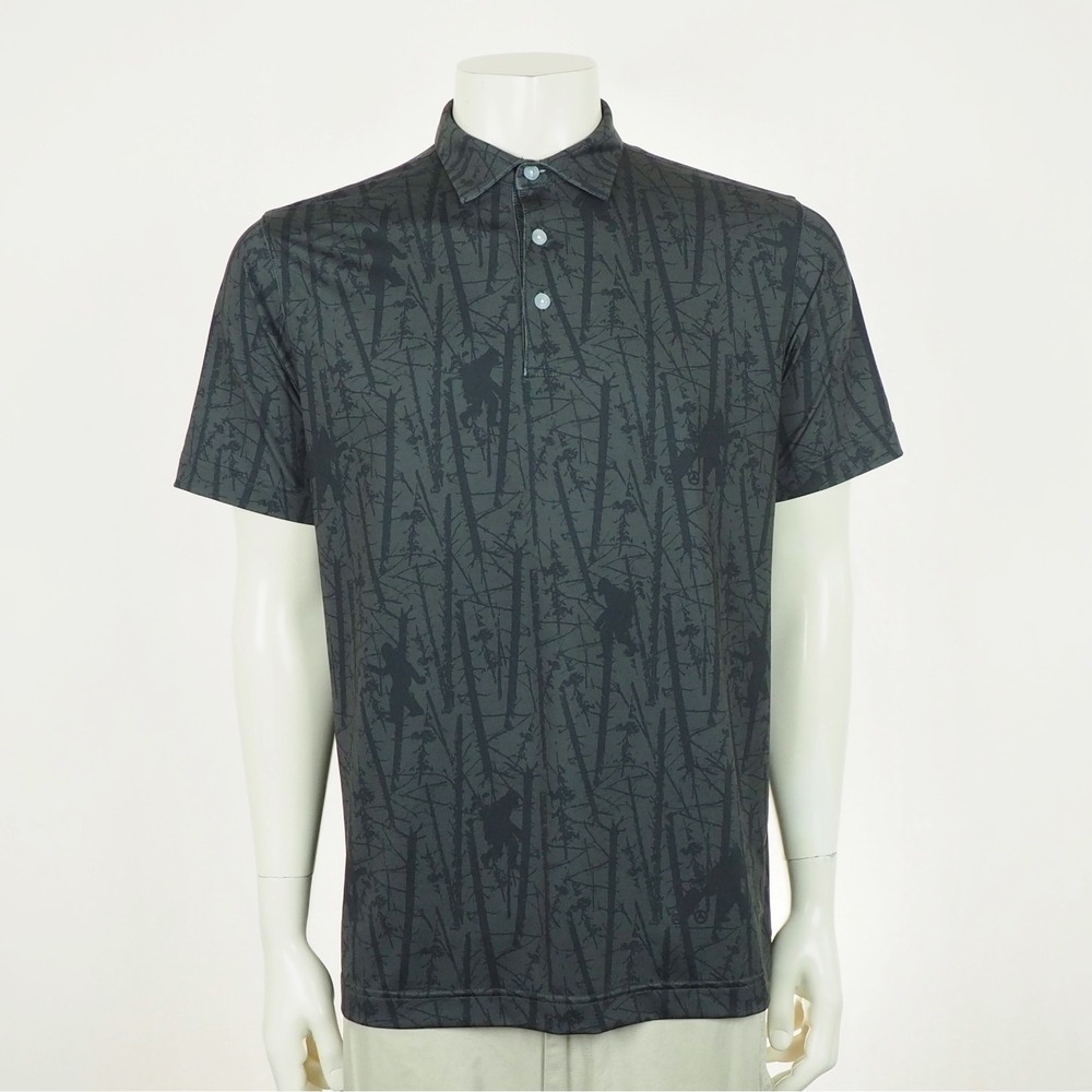 Waggle Golf Polo Shirt Mens Large Black Bigfoot Sasquatch AOP Print Performance